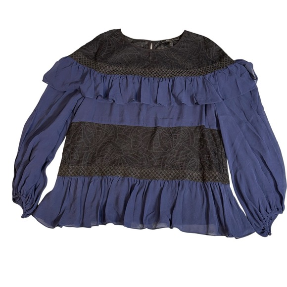 BCBG MAXAZRIA Blue Silk Black Lace Ruffle Top Size Large Whimsigoth - Picture 4 of 8